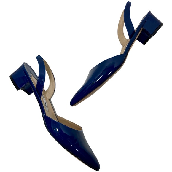 Manolo Blahnik patent leather heel blue sling back block heel shoe EU size 37 - Picture 8 of 11